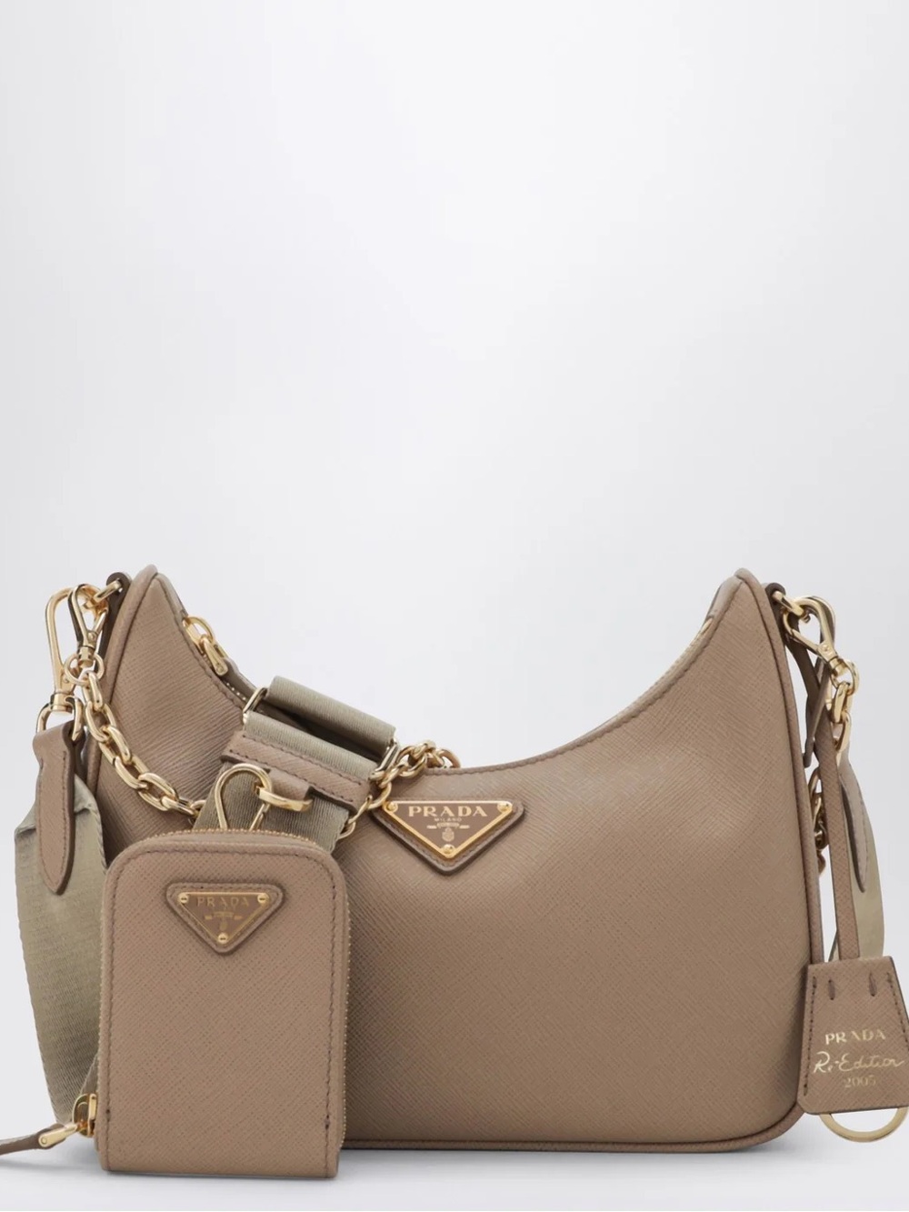 Prada Taupe Saffiano Leather Shoulder Bag with Detachable Pouch